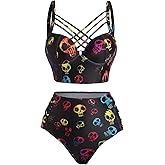 DRESSFO Gothic Galaxy Skull Print Bikini Set Retro Vintage Tummy Control Two Piece Tankini