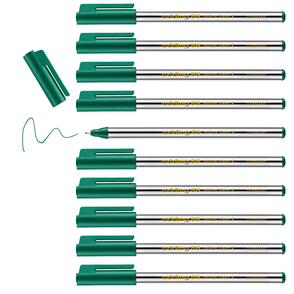 edding 88 - fineliner - green - 10 pens - round nib 0.6 mm - thin fibre pen for fine, precise writing, underlining, drawing - in the office or home and at school