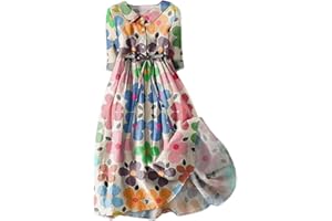 ZWRXW Cotton Linen Dresses for Women 2024 Vintage Short Sleeve Flowy Beach Dress Collar V Neck Button Down Pleated Midi Dress