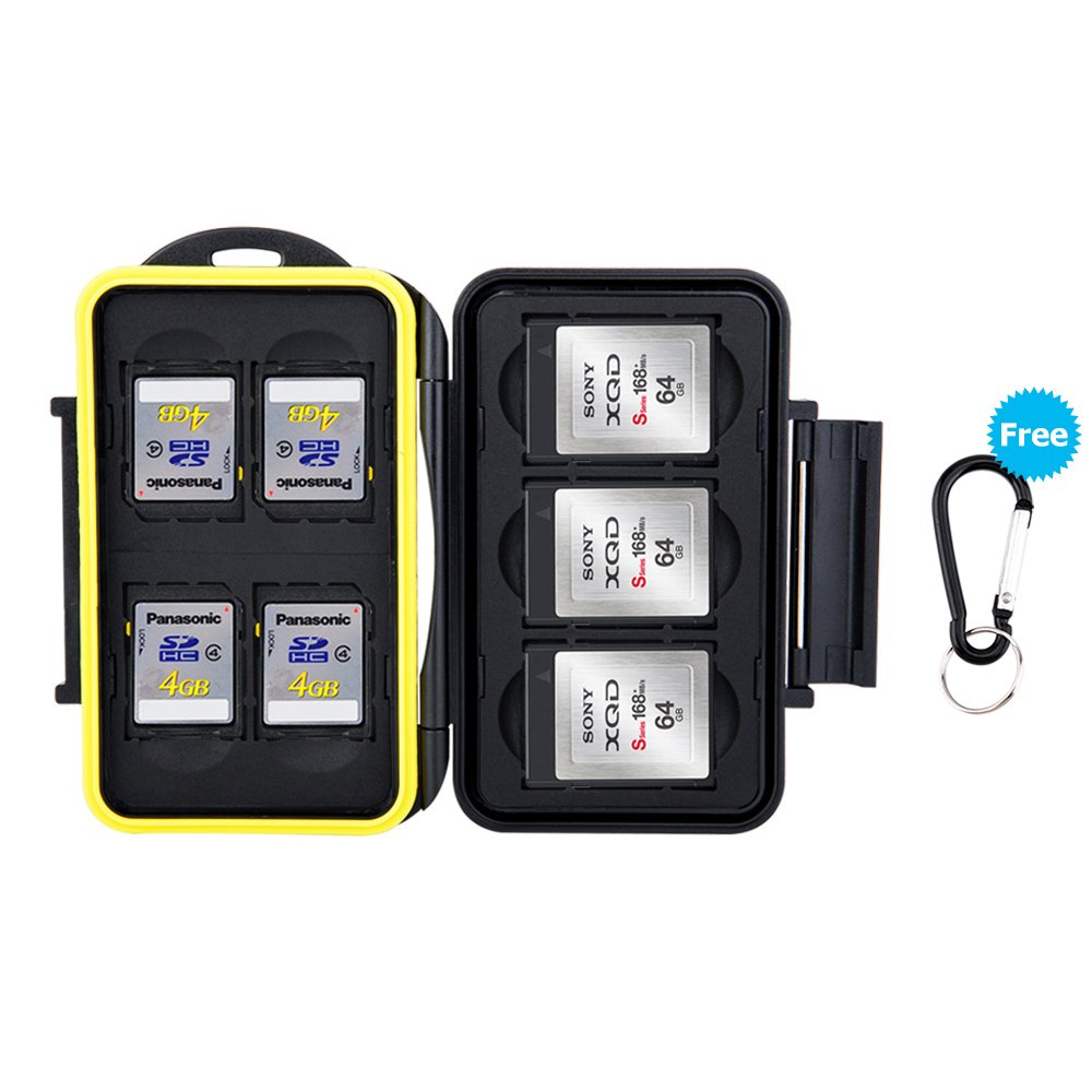 JJC Memory Card Case Water-resistance Carrying Holder 7 Slots Storage 4 PCS SD/SDHC/SDXC Cards and 3 PCS XQD Cards Protector Box with Carabiner