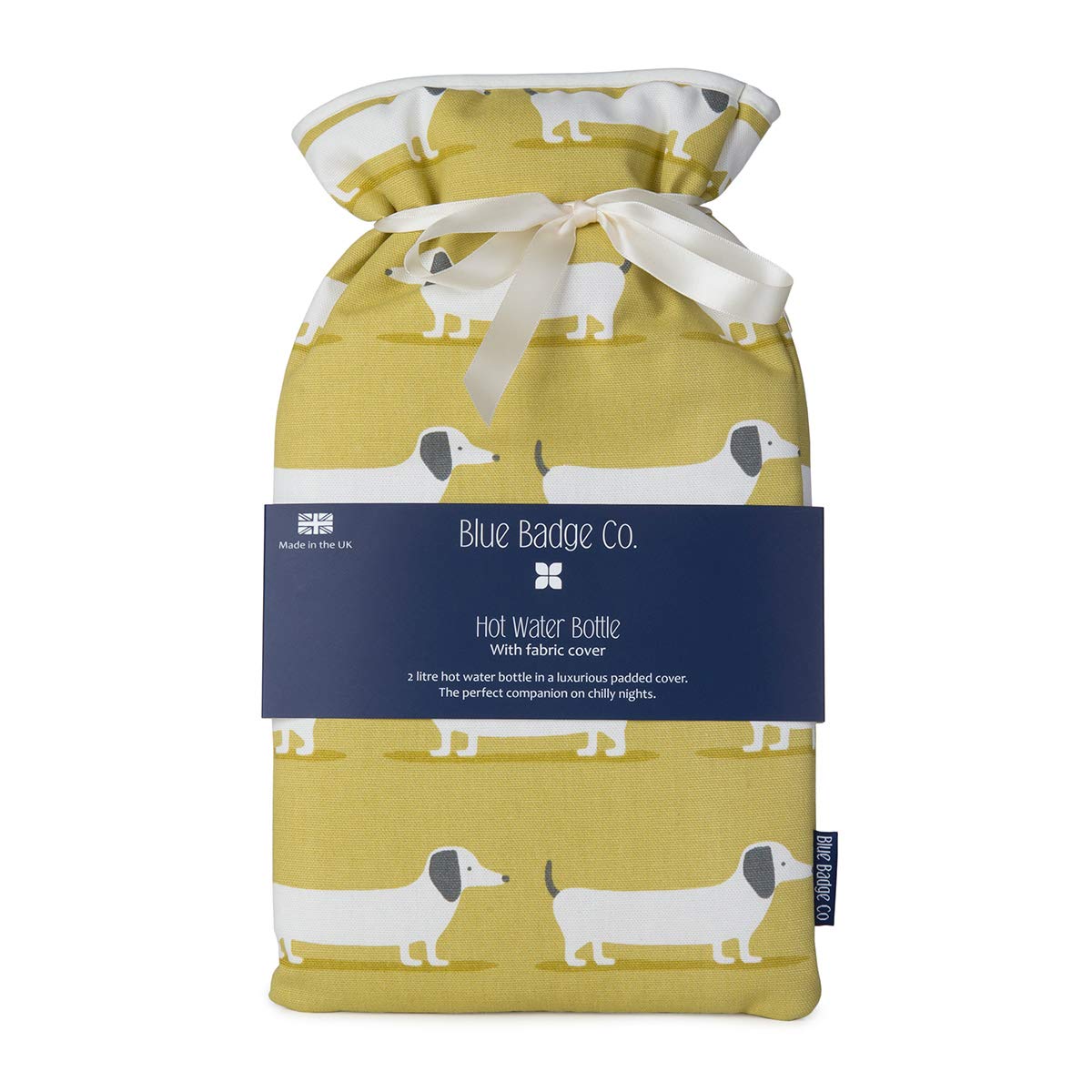 Blue Badge Co 1.5 Litre Large Hot Water Bottle with Padded Cotton Cover Sausage Dog Pattern Rubber Bottle Included