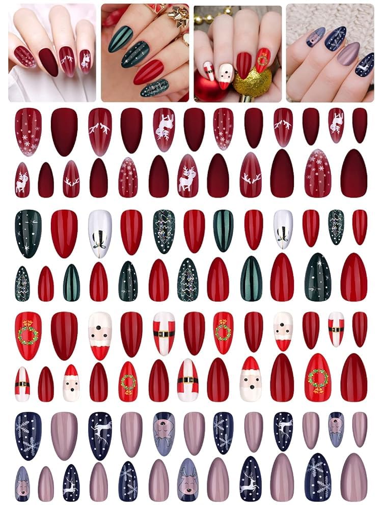 EBANKU 96 pcs Christmas Full Cover False Nails, Christmas Press on Nails 3D Full Cover Nail Art Santa Claus Snowflake Christmas Tree for Women Girls Nail Art Decoration DIY (B)
