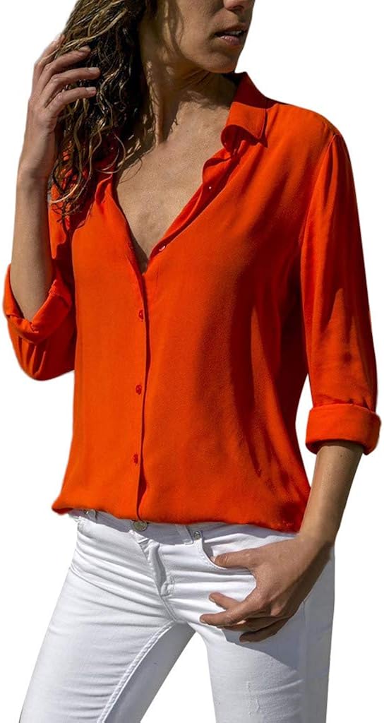 UOKNICE BLOUSE for Womens, Roll Sleeve Casual Fashion V-Neck Solid Office Ladies Plain Tunics T-Shirts Pullovers Tops at  Women’s Clothing store