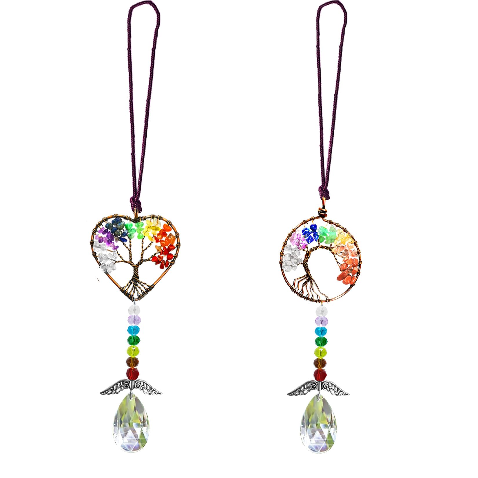 Healing Crystal Decor Tree of Life Car Hanging Accessories Suncatcher with Wings 7 Chakras Window Hanging Decor Meditation Ornaments Home Decoration (Heart+Round)