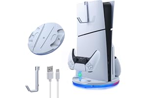 Mcbazel RGB Fast Charging Stand for PS5 Slim Dual Controller Charger Station with Headset Hook Vertical Stand Base Stand Repl