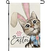 CROWNED BEAUTY Happy Easter Cat Garden Flag 12x18 Inch Double Sided for Outside Small Burlap Rabbit Ear Holiday Yard Decoration CF1729-12
