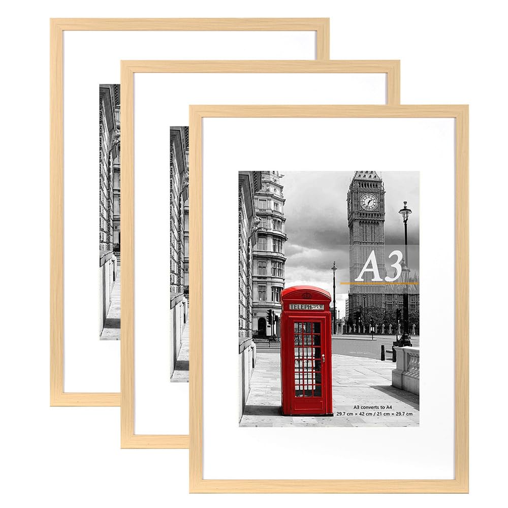 Scholar Tree Natural Photo Frame Picture Frames, A3 with Mat for A4 Mount Picture, Set of 3, Wall Mountable