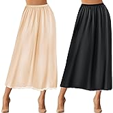 Jiuguva 2 Pieces Half Slip Lace Long Underskirt Women's Satin Half Slips for Under Dresses Slip(Black, Beige,Large)