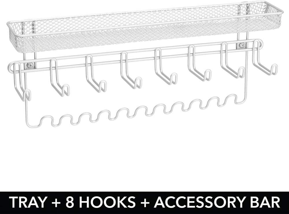 mDesign Decorative Metal Closet Wall Mount Jewelry Accessory Organizer for Storage of Necklaces, Bracelets, Rings, Earrings, Sunglasses, Wallets - 8 Large /11 Small Hooks, 1 Basket - White: Home & Kitchen