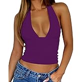 ForeFair Women Sexy Halter Deep V Neck Backless Crop Tank Top Open Back Sleeveless Slim Fit Y2k Summer Tops