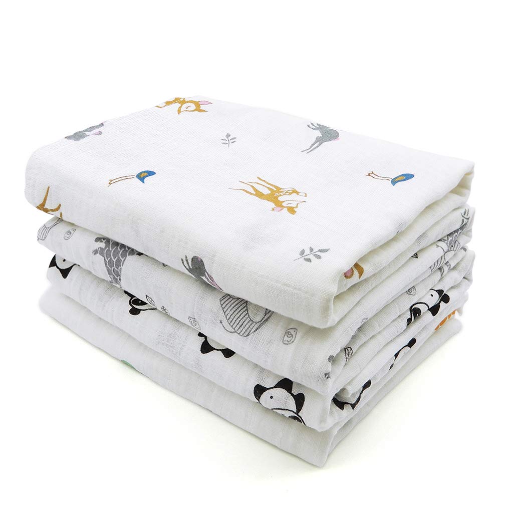 ALBOYI 4 Pack Baby Muslin Washcloths, Cotton Soft & Absorbent Muslin Newborn Towel 120cm × 110 cm, Large Gauze Squares Babies Swaddle Blanket Shower Wipes (Fox/Giraffe/Panda/Deer & Rabbit)