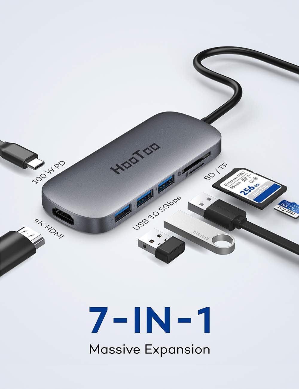 HooToo USB C Hub, 7 in 1 USB C to 4K HDMI Adapter with 100W PD Charging, 3 USB 3.0 Ports, SD/TF Card Readers for MacBook/Pro/Air/IMAC/iPad Pro and Type C Laptops Chromebook: Computers & Accessories