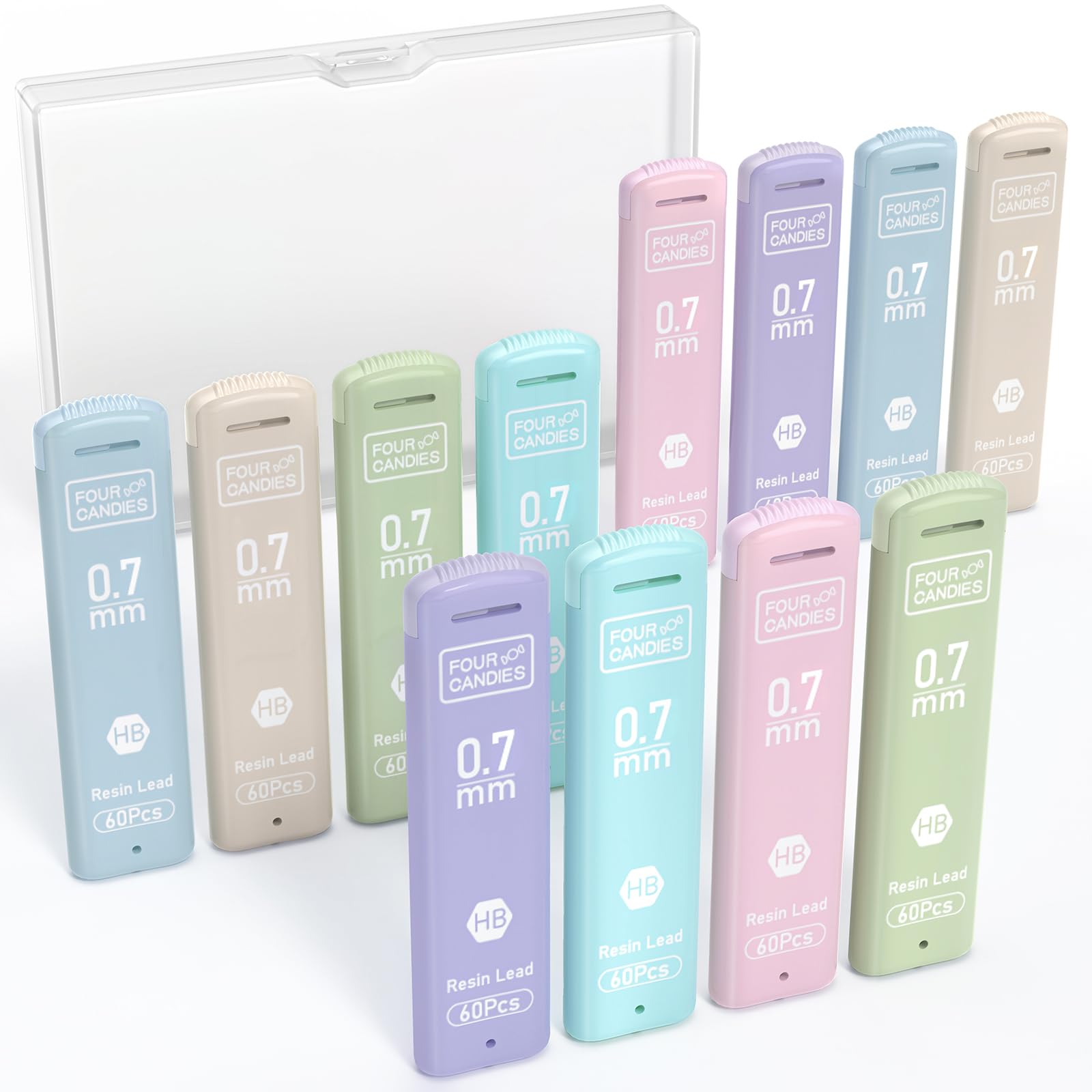 Four Candies 0.7mm Lead Refills in Case, Pack of 720 PCS Black HB #2 Break Resistant Mechanical Pencil Refills, 12 Tubes of 0.7 Lead, 60 Pieces per Tube