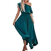 CUPSHE Women's Maxi Dresses Casual Summer Sundress Sleeveless Smocked One Shoulder Ruffled Long Beach Formal Dress