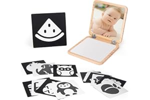 Woodtoe Tummy Time Mirror for Infant, 0-180° Adjustable Baby Mirrors with 15 Black and White Educational Cards, Shatterproof & Portable Baby Safe Mirror Toy, Developmental Baby Gift for 0-6 Months