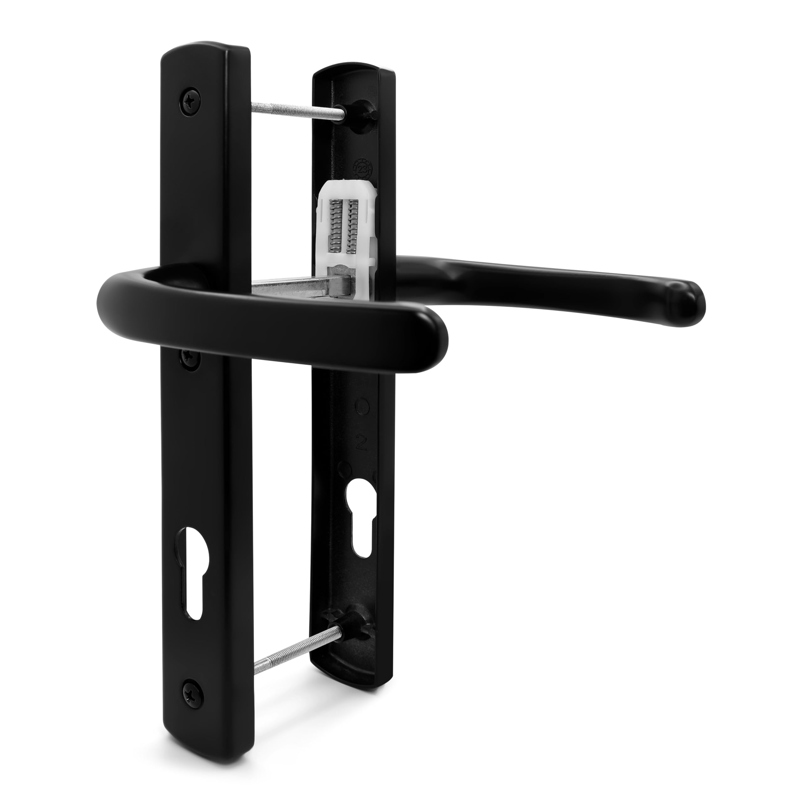 TSS Black UPVC Door Handle Pair Set, 92mm PZ (Centres), Sprung, Lever Lever, 215mm Top Screw to Bottom Screw (Screw centres), 3X Fixing Points, Backplate 260mm x 35mm - PVC Door Handle in Black