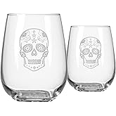 Rolf Glass Sugar Skull Stemless Wine Tumbler 17 ounce - Stemless Wine Glasses - Lead-Free Glass - Etched Tumbler Glasses - Proudly Made in the USA (Set of 2)