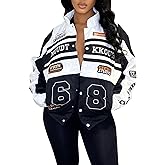 Angsuttc Varsity Jacket Women Motorcycle Detachable Letter Graphic Racer Jackets Vintage Color Block Baseball Street Coats