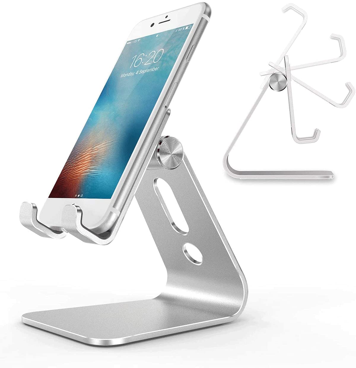 Happy Go-Mart Universal Phone Stand, Adjustable Phone Holder Stand Dock, Aluminum Phone Cradle holder stand Base Compatible with IPhone 11,12, 13,HUAWEI, Galaxy and Tablet (silver)