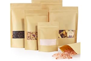 FireKylin 100 Pcs Brown Paper Bags with Window, 3.5" x 5.5" Stand Up Pouches, Zipper Food Storage Bags for Packaging Products, Reusable, Sealable