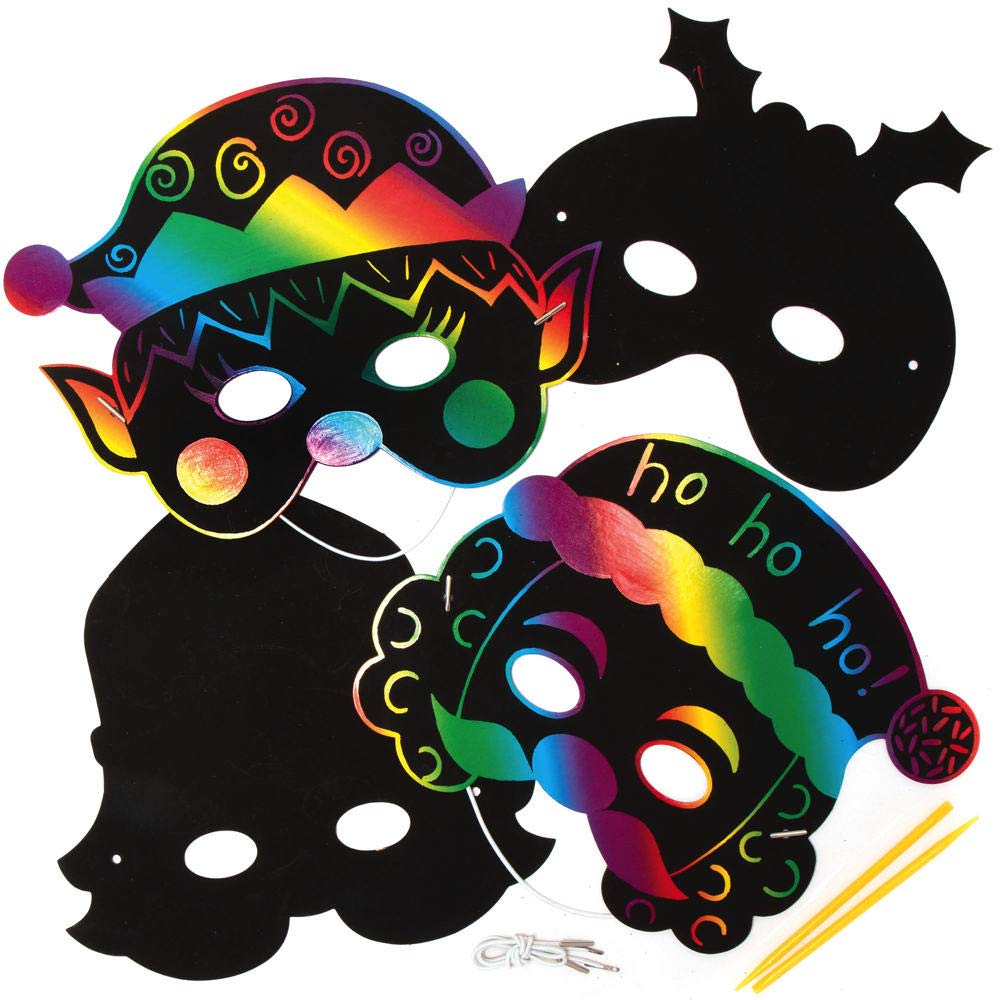 Baker Ross AX561 Christmas Scratch Art Masks for Dress Up Play - Pack of 8, Magic Scratch Art and Craft Kits for Kids Xmas Eve Activities — image 1