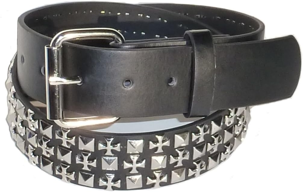 BeltsandStuds Goth Punk 3 Row Silver Cross Stud Studded Snap on Belt