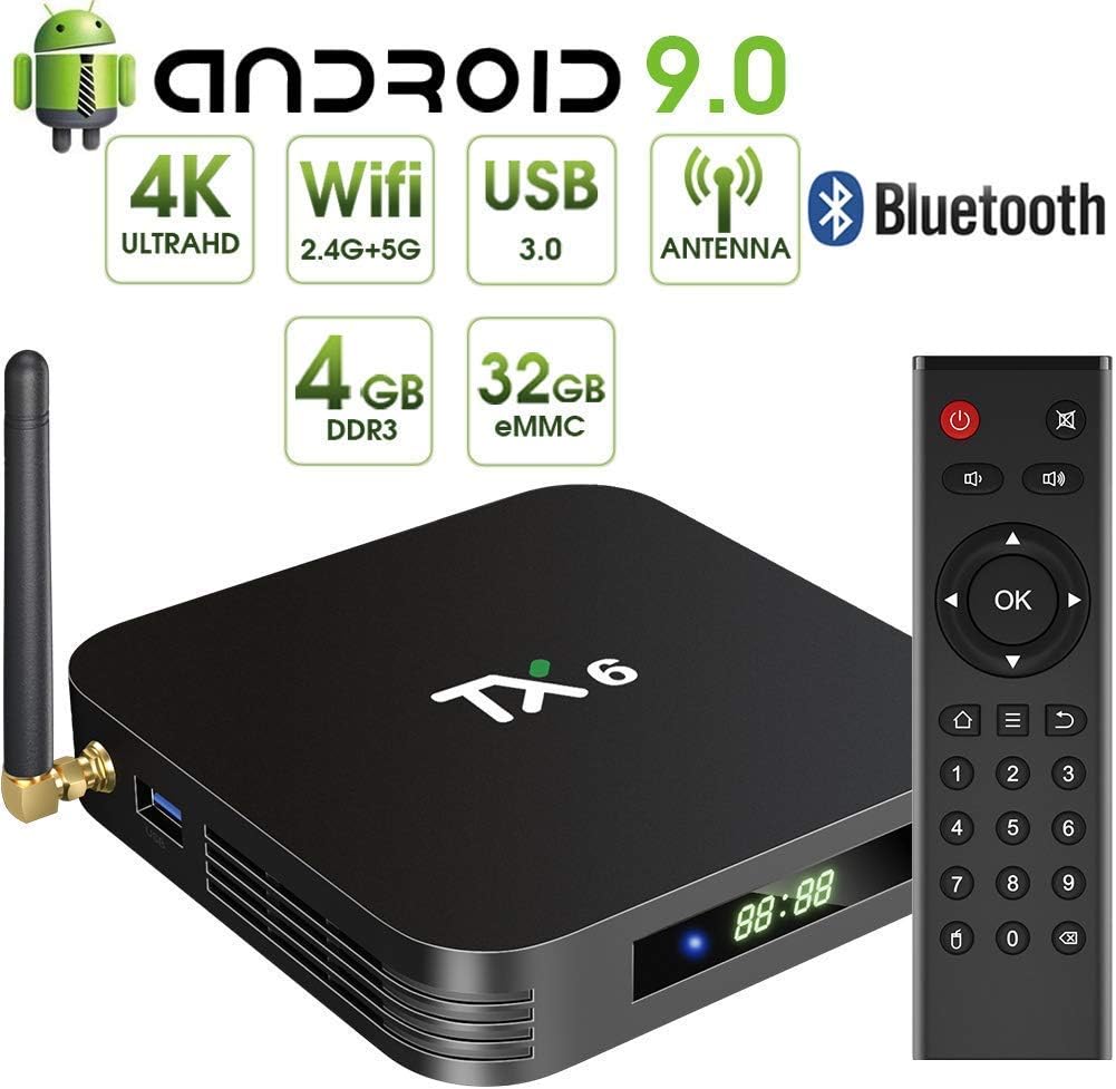 DOOK Android 9.0 TV Box,TX6 4GB RAM 32GB ROM H6 Quad core ARM CortexA53 CPU WiFi 2.4G/5.0G