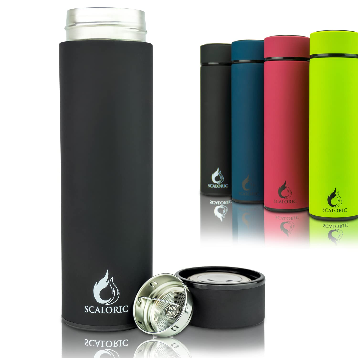 Thermos Flask 400 ml – Stainless Steel Drinking Bottle – Includes Strainer for Tea – BPA Free – Leak-proof – for Sports, School, Hiking – 12H Warm / 24H Cold (Black)