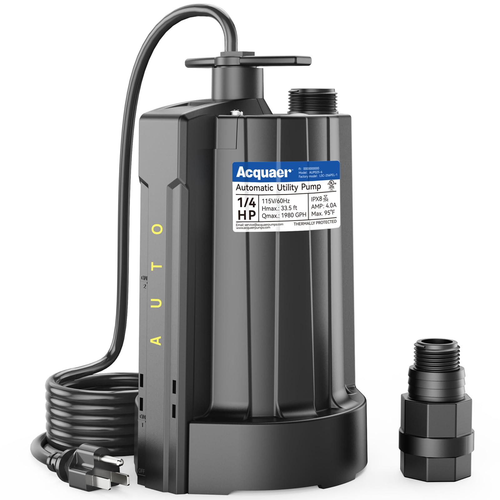 Photo 1 of Acquaer 1/4 HP Automatic Sump Pump, 115V Submersible Water Pump with 3/4” Garden Hose Check Valve Adapter,1980 GPH High Flow Water Removal for Swimming Pool Cover Hot Tubs Flooded House Basement