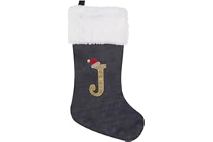 CRSTAFU Christmas Stocking Personalized Monogram, 20 Inches Family Initial Xmas Stockings, Super Soft White Plush Cuff with Deluxe Grey Velvet Body and Gold Letter(J)
