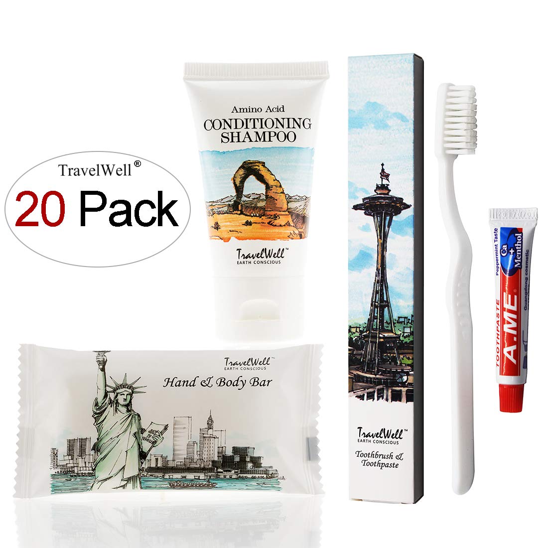 TRAVELWELL Landscape Series Hotel Toiletries Amenities Travel Size Massage Cleaning Soaps 1.0oz/28g,Shampoo & Conditioner 2 in 1,Tooth Cleaners,each 20 Individually Wrapped