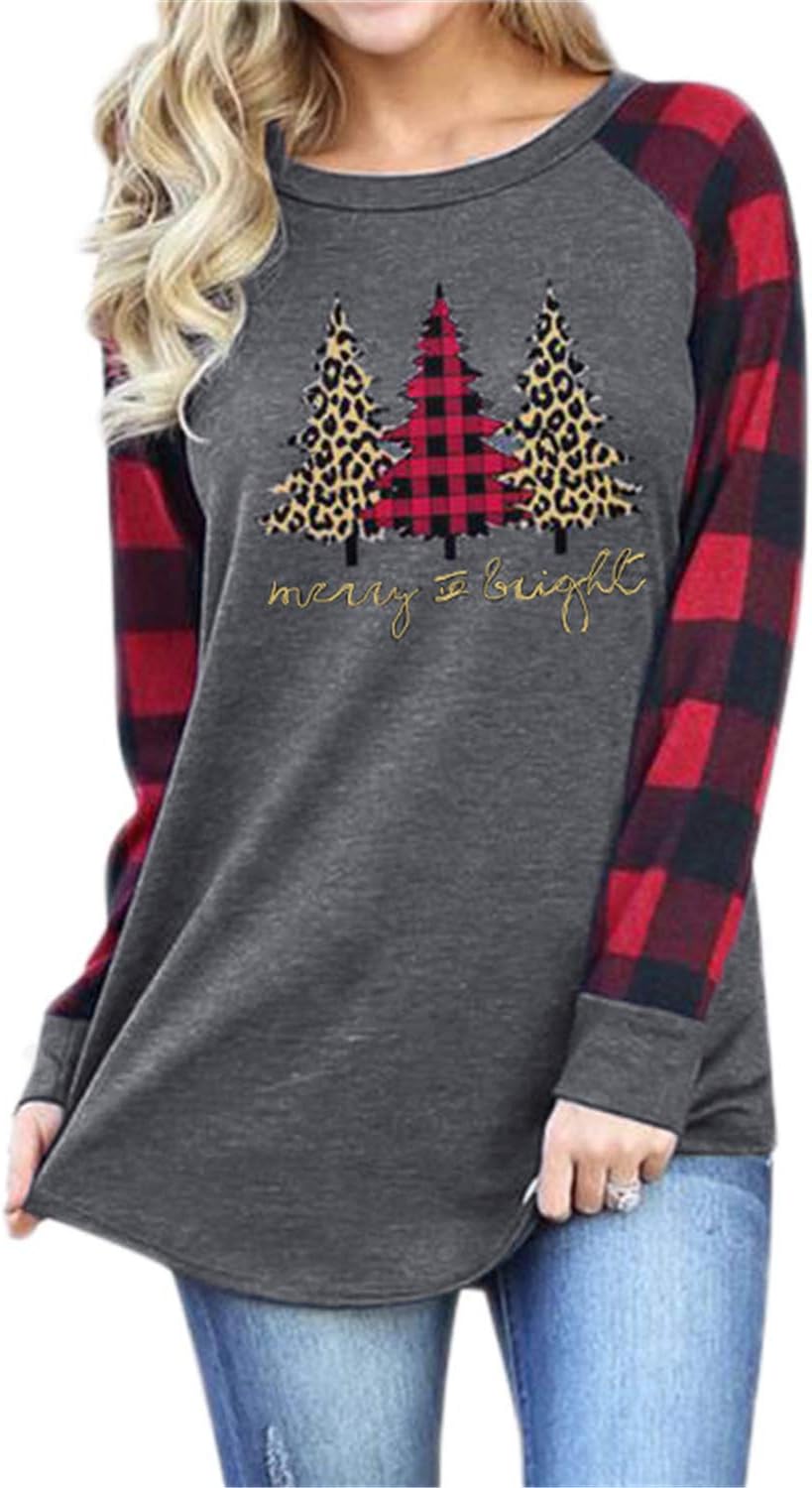 Womens Casual Long Sleeve Blouses T Shirt Cute Tops Round Neck Striped Plain Plaid Splicing Shirts