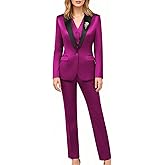 Women's 3 Pieces Satin Suit Black Peak Lapel Fashion Outfits Casual Party Wedding Blazer Jacket Vest Pants Set