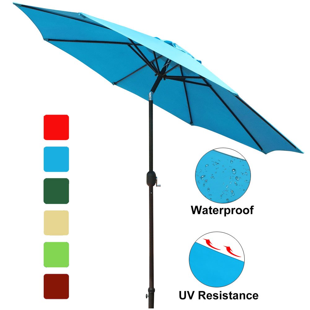 Goldsun Patio 9 Ft Market Outdoor Aluminum Table Patio Umbrella With Push Button Tilt And Crank Aqua Blue Amazon In Garden Outdoors