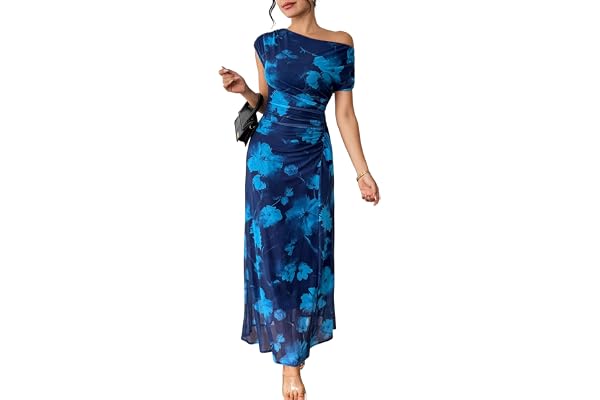 BLENCOT Women's Floral Off Shoulder Wedding Guest Dress Party Gown | Elegant Mesh Bodycon Maxi Dress,Short Sleeve Ruched Wais