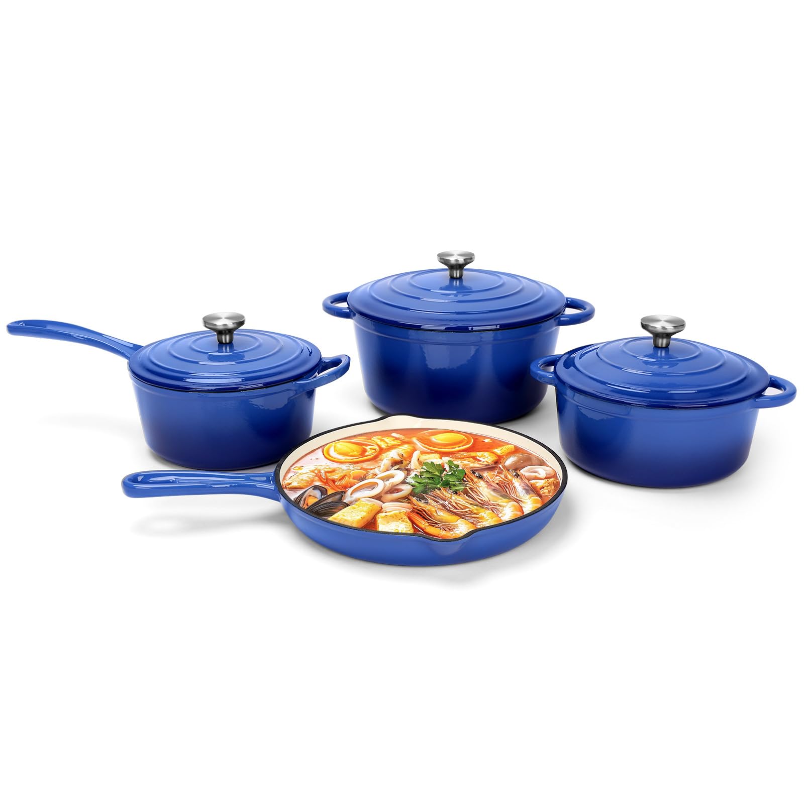 Photo 1 of Enameled Cast Iron Cookware Set, 7-Pcs Pots and Pans with Lid, Skillet, Frying Pan, Saucepan & Dutch Oven for All Stovetops, PFA Free - Ideal for Sourdough Bread Baking, Cobalt Blue