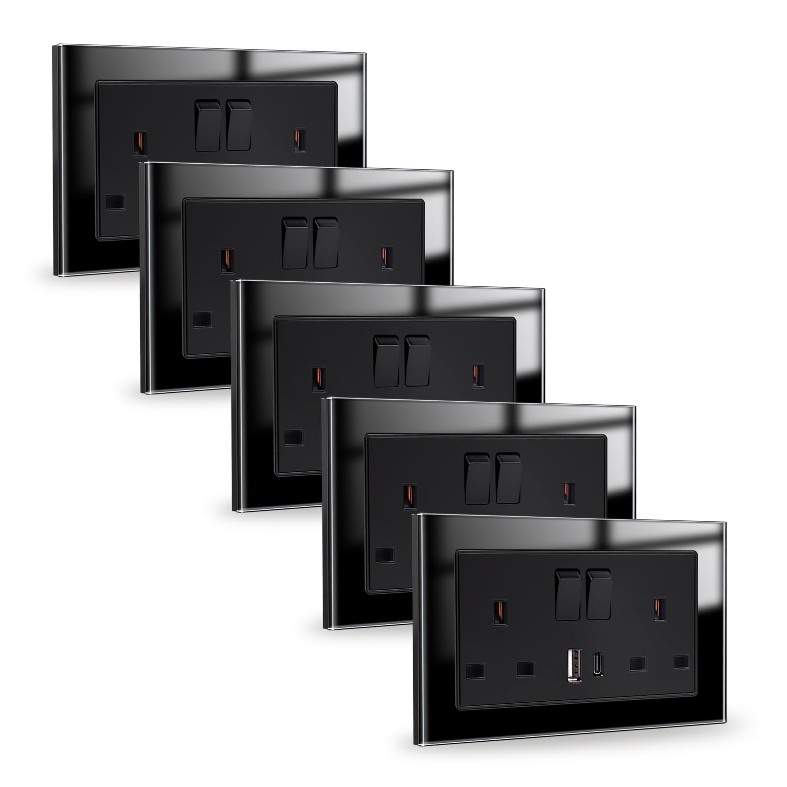 JIMEIDA 5 Pack Double Switched Socket Black 20W Fast Charging 13 Amp with USB A and Type C Charging Ports Crystal Glass Panel Switched Socket