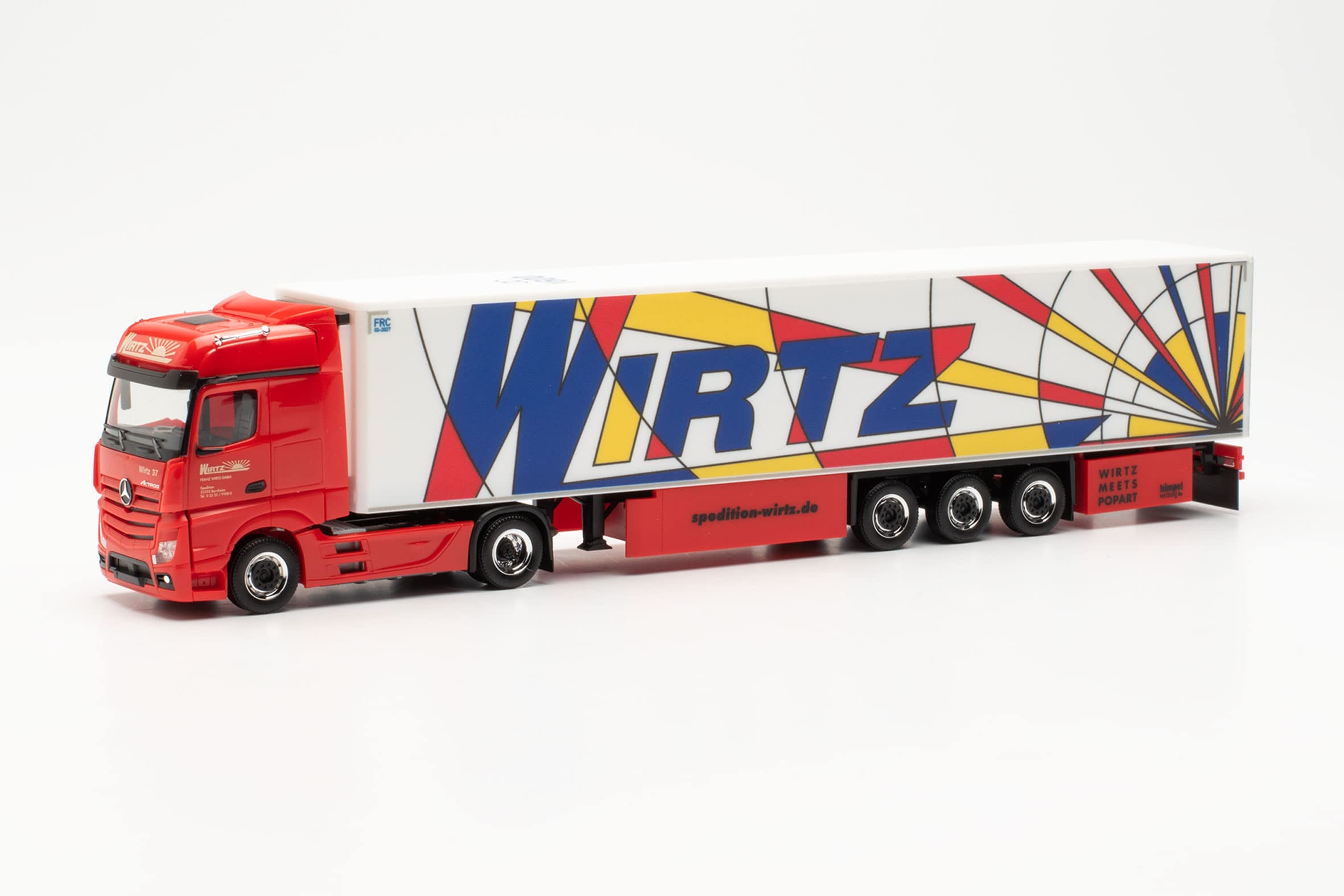 herpa truck model Mercedes-Benz Actros '18 Bigspace 15 metre reefer semitrailer tractor Wirtz Popart, on a scale of 1 : 87, plastic miniature, made in Germany, model building, collectors edition