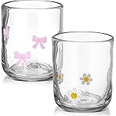 Skylety 2 Pack Icon Glass Cup Pink Bow Coquette Daisy Flower Cup 14 Oz Aesthetic Double Vintage Glasses for Valentine Gifts Woman Friend Summer Party Scotch Liquor Cocktail Juice Drinks Party Favors