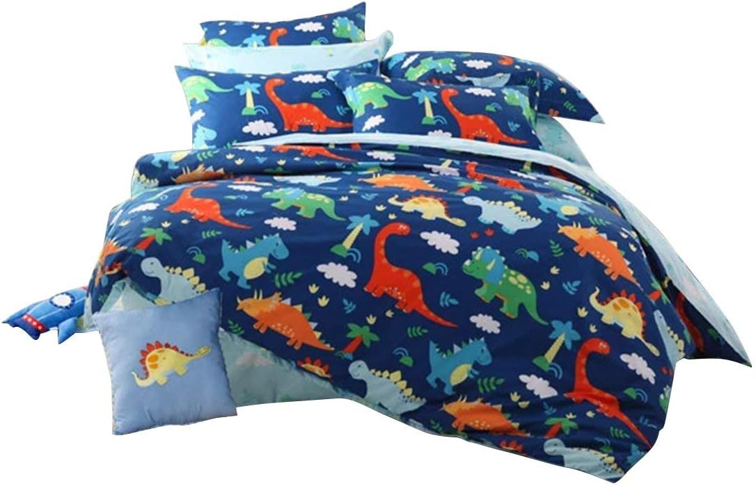 HNNSI 4 Piece Cotton Dinosaur Kids Boys Bedding Sets Full Size, Kids Duvet Cover with Flat Sheets, Dinosaur Quilt/Comforter Cover for Children Teens (Full, Flat Sheets Set)