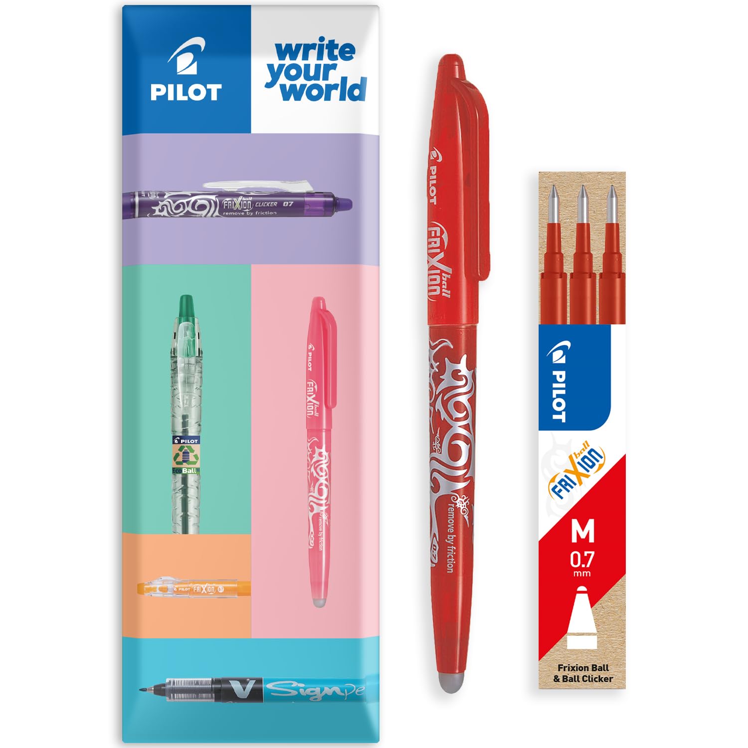 PILOT Frixion Heat/Friction Erasable Rollerball Pen FR7 - Medium Line 0.7mm Tip Nib - In Envelope Gift Packaging - Pack of 1 Pen + 3 Refills (Red)