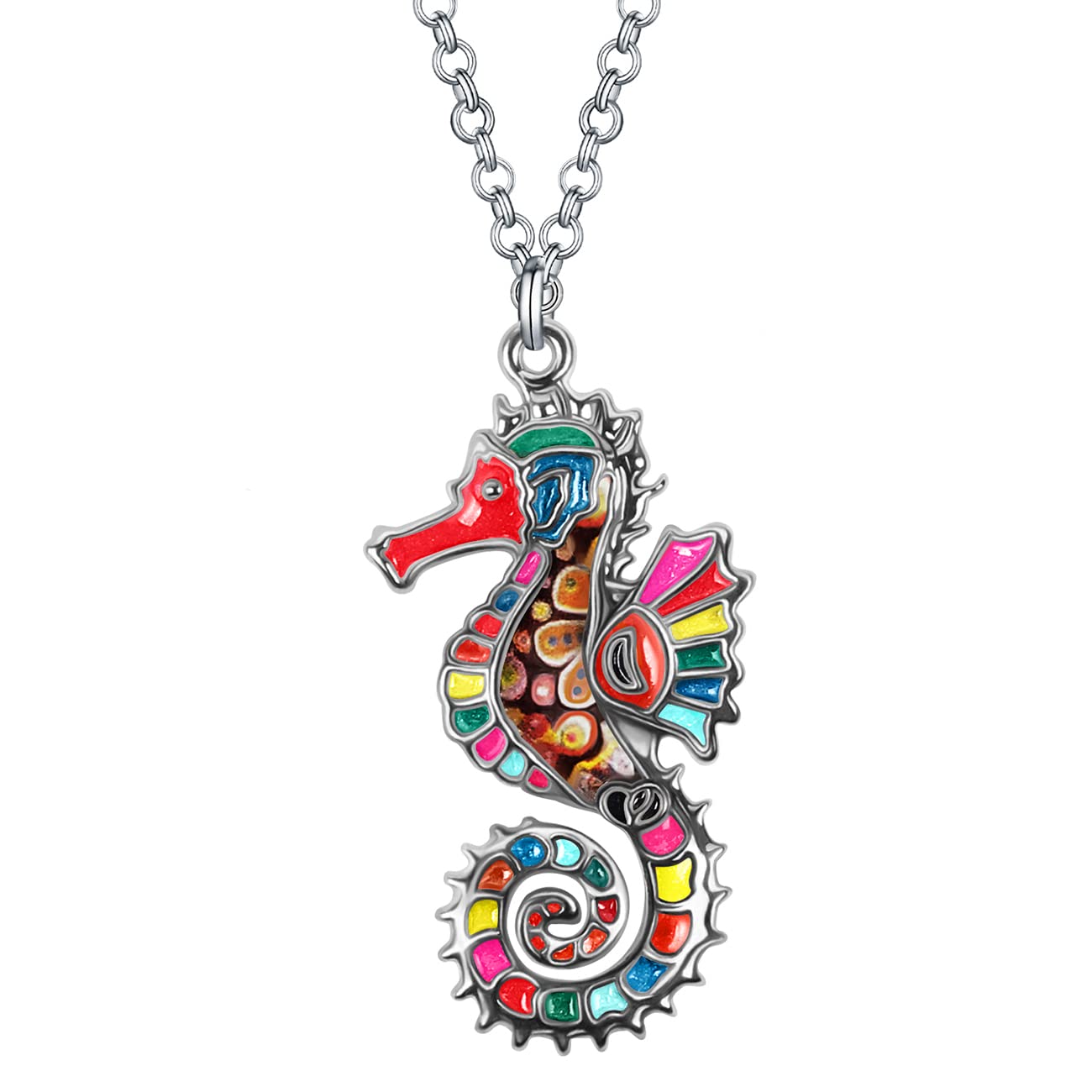 Enamel Alloy Hippocampus Seahorse Necklace Ocean Charms Pendant Fashion Jewelry Gifts for Women Girls (Multi)