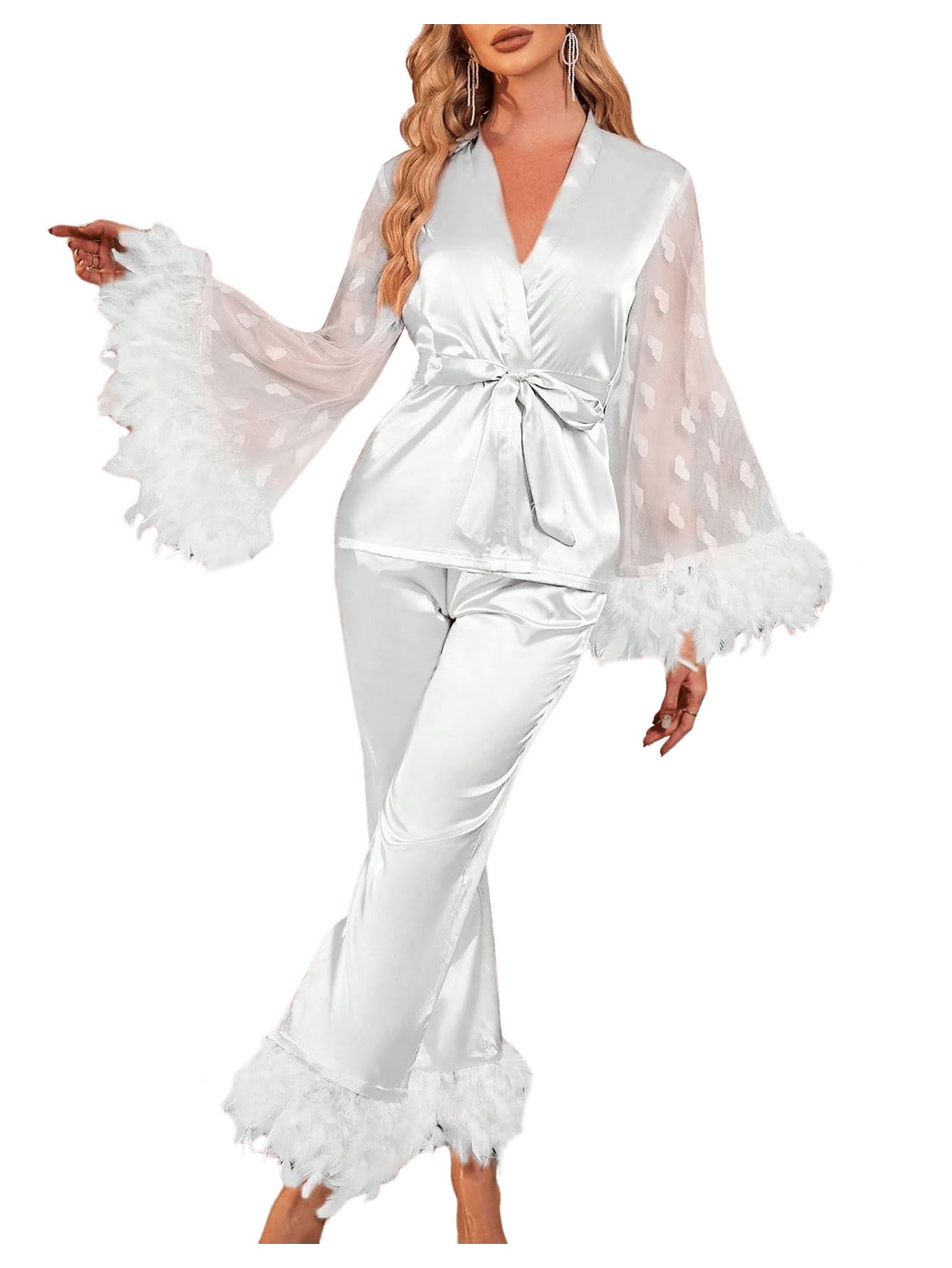 Photo 1 of **ITEM IS DIRTY/or stinks check clerk comments**
OYOANGLE Women's 2 Piece Pajama Set Satin Contrast Mesh Feather Trim Silk Long Sleeve Belted Top and Pants Lounge Sets White Large