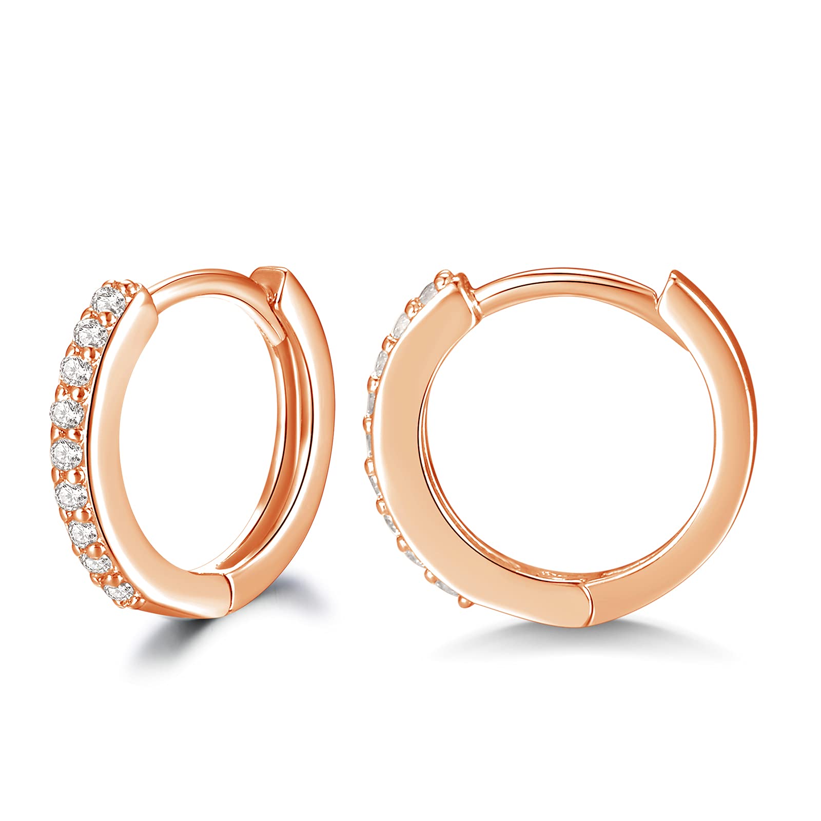 Shuxin Silver Hoops Earrings for Women, 925 Sterling Silver Rose Gold Hoop Earrings with AAA Cubic Zirconia, Hypoallergenic Unisex 14mm Small Sleeper Huggie Hinged Hoop Earrings for Men Ladies Girls