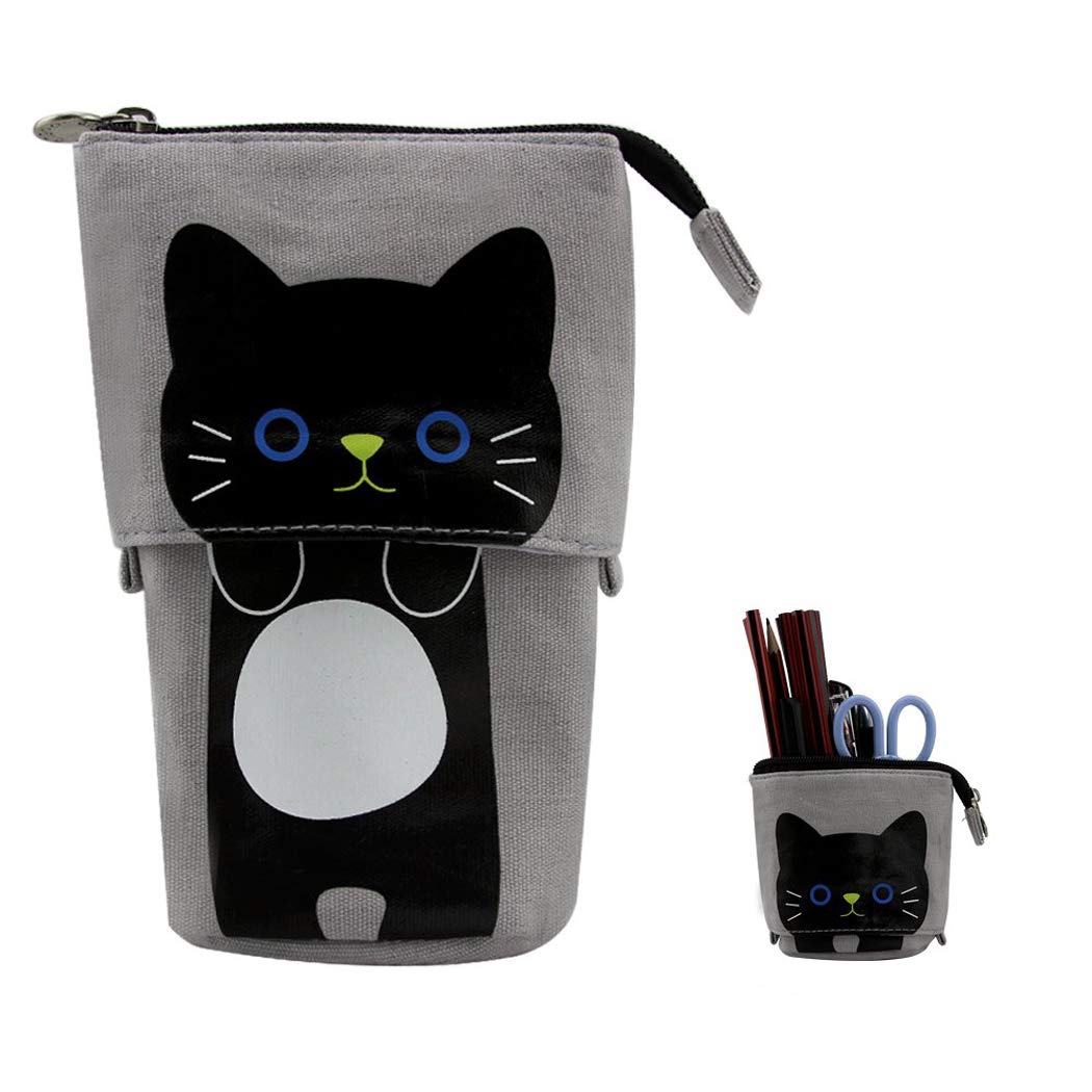 Hillento Telescopic Pencil Bags, Pencil Stand Holder, Telescopic Cat Pencil Case Canvas Pen Organizer Stationery Pouch Bag, Small Cosmetics Bag with Zipper, Grey