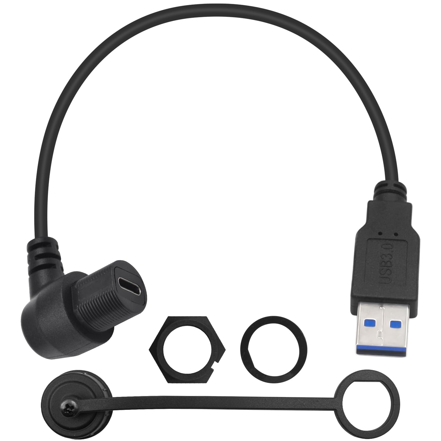 Duttek USB 3.0 Male to 90 degree Type C Female Car Flush Mount Cable, USB A to USB C 3.1 Mount Dash Flush Cable, USB C 3.0 Panel Mount Extension Cable for Car Truck Boat Motorcycle Dashboard 30cm