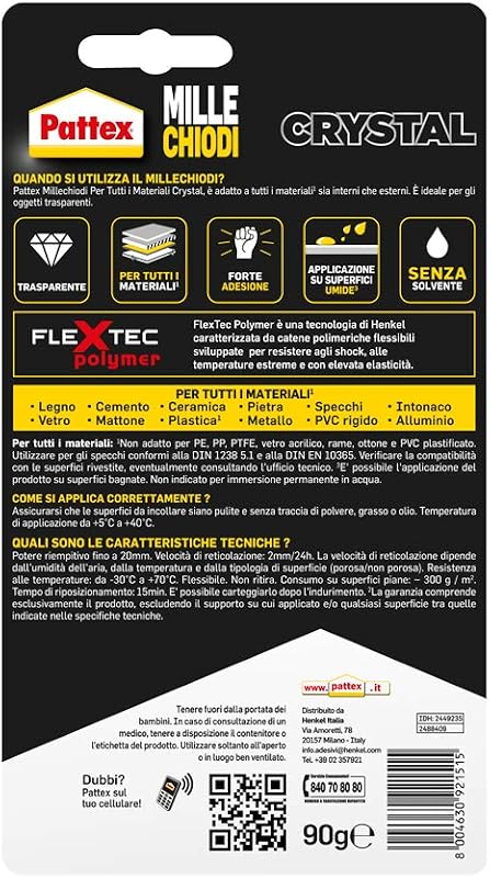 Millechiodi Crystal - Adhesivo sellador ideal para cristales y espejos, adhesivo de montaje de primera calidad, pegamento potente para muchos materiales, 1 paquete de 90 g