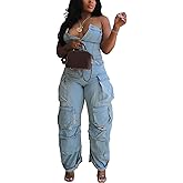 LETSVDO Women's Cargo Denim Jumpsuit Strapless Multi Pockets Wide Leg Loose Baggy Jean Romper Cargo Jeans