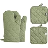 Oven Mitts and Pot Holders 4 pcs Set,High Heat Resistant 500 Degree Extra Thicken Long Kitchen Cotton Oven Glove for Cooking (12 Inch,Green)