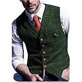 Aesido Casual Men's Vest for Wedding Plaid Soft Wool Tweed Waistcoat for Groosmen Best Man